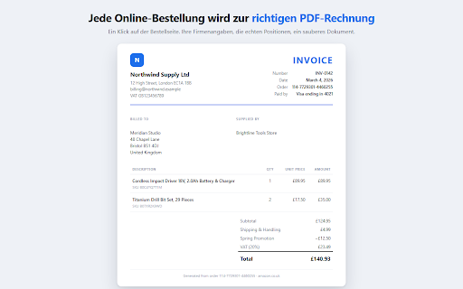 Invoice & Receipt Generator for Orders :: Turn any online order into a clean PDF invoice or receipt. Bulk export, CSV for bookkeeping, VAT fields. Works fully offline.