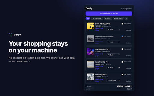 Cartly — Shopping Cart & Wishlist :: Shopping cart & wishlist for any store — save any product in Chrome's side panel, sort into lists, see live budget totals.