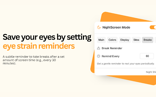 NightScreen Mode: Dark Mode & Eye Strain Relief :: Adjust display settings for comfortable night viewing with BW mode, amber filters, and site whitelisting