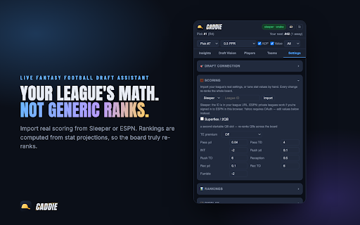 Draft Caddie — Fantasy Football Draft Assistant :: Never wing another pick. Knows who survives to your turn — for Yahoo, ESPN & Sleeper: live sync, forecasts, opponent reads.