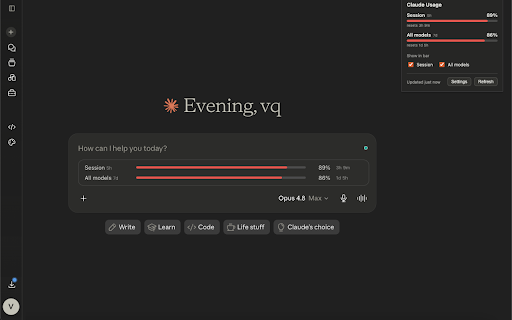 Claude Usage Bar :: See your Claude.ai usage (5-hour session and weekly all-models) in a slim bar under the chat. No sign-in or tokens.