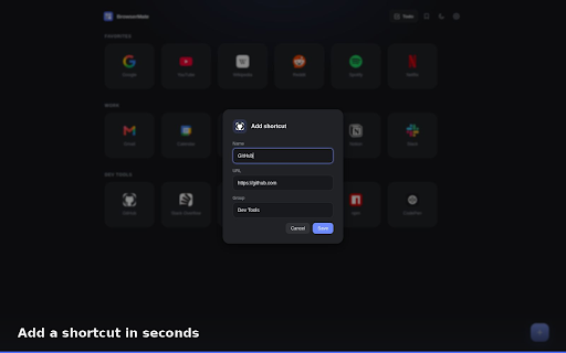 BrowserMate :: A private Chrome new tab with grouped shortcuts, bookmark management, and local todo workspaces.