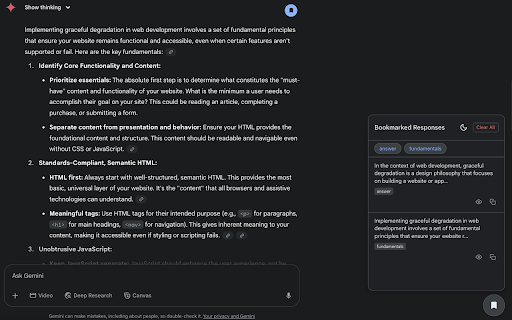Gemini Bookmarks :: Bookmark, tag, and quickly find important responses in your Google Gemini conversations.