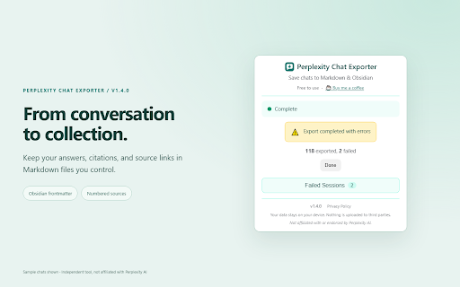 Perplexity Chat Exporter :: Export Perplexity chats to Markdown for Obsidian. Save one, selected, or all chats with sources. Free, local, no API key.