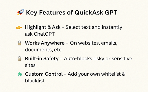 QuickAsk AI - Translate or Ask ChatGPT, Claude, Gemini Instantly & Securely :: Instantly ask or translate selected text with ChatGPT, Claude, or Gemini. Sensitive data like tokens or URLs are auto-masked.