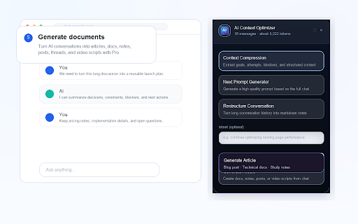 AI Context Optimizer - Prompt & Context Tool :: For ChatGPT, Claude, Gemini, Grok, and DeepSeek: compress chats, continue with prompts, hand off context, and create docs.