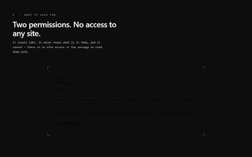 tab•tally — Open Tab Counter & Warning :: Counts your open tabs and warns you quietly when they pile up. Local only — no accounts, no tracking, nothing leaves your browser.