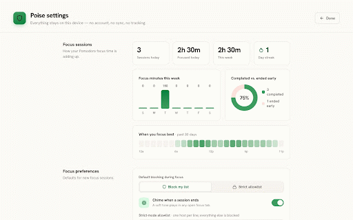 Poise :: Poise — calm, on-device website blocking with flexible patterns, scheduling, daily timers, and a once-a-day pass.