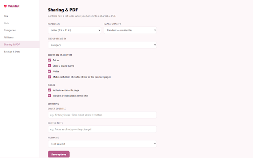 Wishlist — Save Anything You Want :: Right-click to save anything you want from any store. Organize by list & category, track prices, and share a beautiful wishlist PDF.