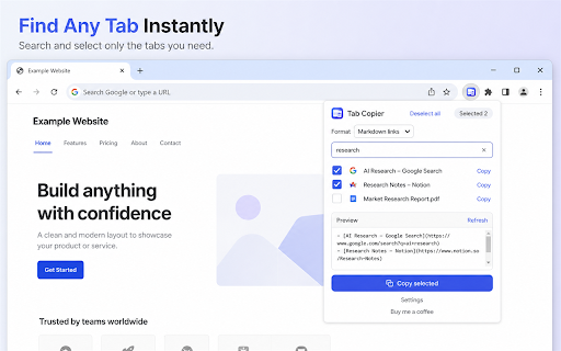Tab Copier - Copy Tabs as Markdown :: Copy selected tabs as Markdown, title + URL text, or URL-only lists. Preview before copying.