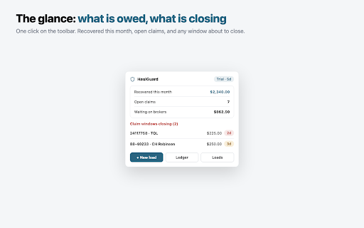 Detention & Accessorial Pay Tracker - HaulGuard :: Stop leaving detention pay on the table. Track detention, TONU, and lumper fees, and claim every dollar before the window closes.