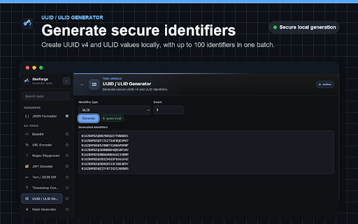 DevForge :: Format JSON, decode JWTs, compare text, convert timestamps, generate IDs and hashes, and encode Base64 or URLs locally.