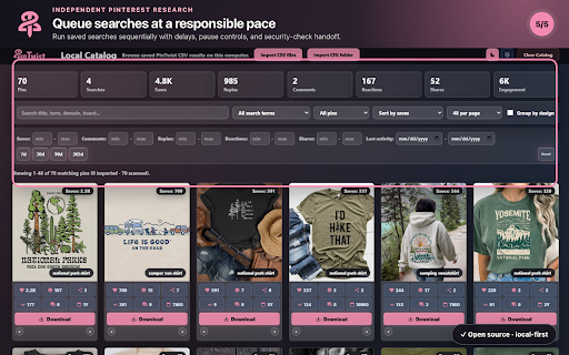 PinTwist – Analytics for Pinterest :: Open-source, local-only analytics for Pinterest with metrics, sorting, filters, HD downloads, and a private catalog.