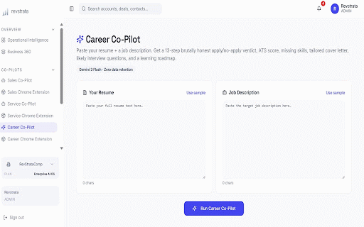 RevStrata Career Co-Pilot :: AI Career Copilot for LinkedIn, Indeed, Glassdoor, and Naukri with match score, skills gap, interview prep, and cover letter.