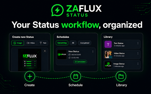 ZAFLUX STATUS for WhatsApp Web :: Create, schedule and publish WhatsApp Status directly from WhatsApp Web.