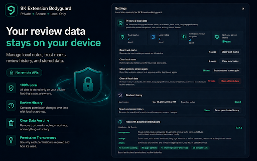 9K Extension Bodyguard :: Review installed Chrome extensions locally and understand declared permissions and access changes.