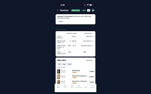 TitleVitals Sync :: Your whole Amazon KDP catalog in one dashboard: sales, KENP page reads, ranks, reviews, and true category percentiles.