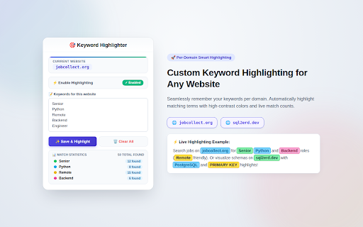 Keyword Highlighter :: Highlight keywords with custom colors on any webpage. Per-site keyword management with match statistics and case-sensitive matching.