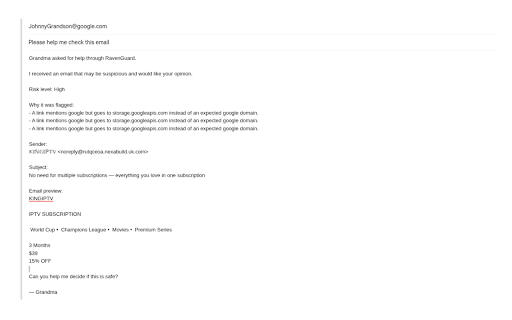 RavenGuard - Scam Email Protection :: Detects scam emails in Gmail and lets you safely check suspicious messages with a trusted contact before taking action.