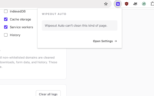 Wipeout Auto :: Auto-clear cookies, storage, cache, and history when you leave a site. Whitelist domains to stay logged in.