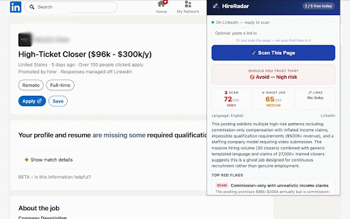 HireRadar – AI Job Scam & Ghost Job Detector :: Spot job scams, ghost jobs, and dangerous links instantly. AI-powered analysis on LinkedIn, Indeed, WhatsApp, and more.