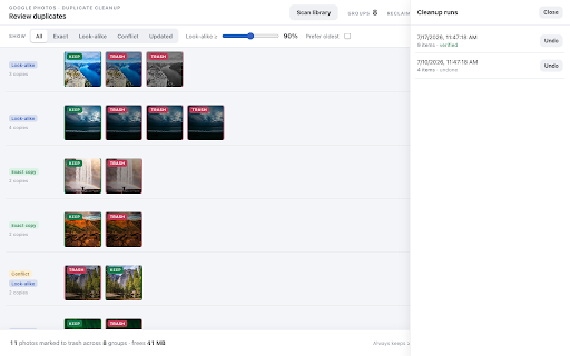 PhotoDeduper: Duplicate Photo Cleaner for Google Photos :: Find and delete duplicate photos in Google Photos, in place. On-device, trash-only, recoverable for 60 days.