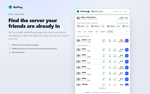 RoPing :: Find the best Roblox server: verified data-center locations, your real measured ping, FPS, lag score, friends and one-click join.