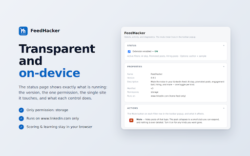 FeedHacker :: Mute the noise in your LinkedIn feed: AI slop, promoted posts, engagement bait, hiring, and more — one toggle per kind.