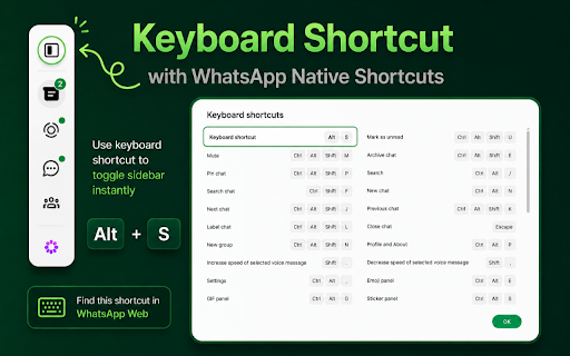 WA Web Sidebar Toggle :: Hide or show the WhatsApp Web sidebar with one click or Alt+S distraction-free chats, clean screen sharing and multi-tasking.