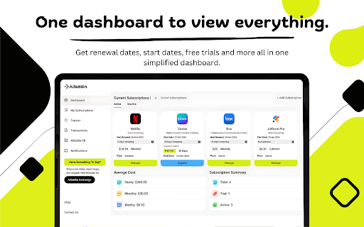 Alladdin :: Alladdin: Manage and track all your online subscriptions, payments, and plans in one simple, user-friendly dashboard.