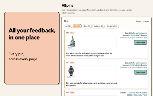 Pin and Send :: Pin feedback on any experience and send to your team or your AI.