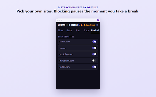 LocusInControl: Goal-Oriented Focus Timer :: Focus timer for easily distracted minds — automatic Pomodoro loops, goal tracking, and site blocking.