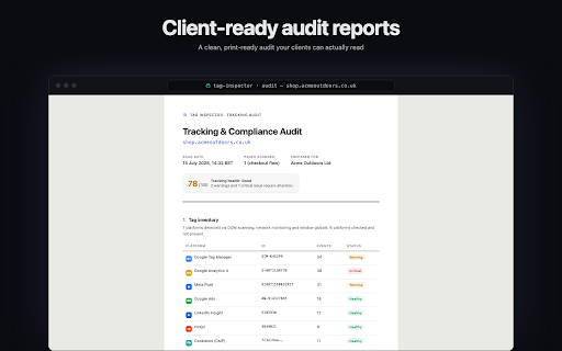 Tag Inspector — Meta Pixel, LinkedIn & GA4 Tag Detector :: Audit any page's tracking setup: detect Meta Pixel, GA4, GTM and 10+ platforms, stream live events, check consent, export reports.