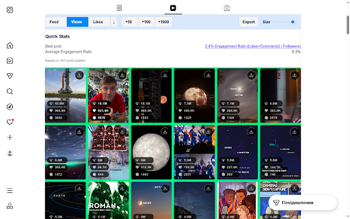 Content Sorter — Instagram & TikTok :: Instagram & TikTok feed sorter — find top posts by views, likes, comments, date. Overlays, download, CSV export.