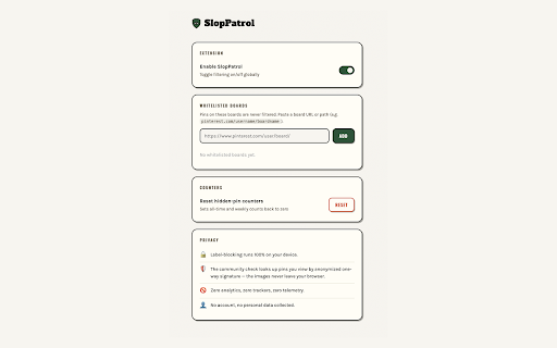 SlopPatrol — Hide AI Slop on Pinterest :: Automatically hides AI-generated pins on Pinterest. Free, local, zero data collected.