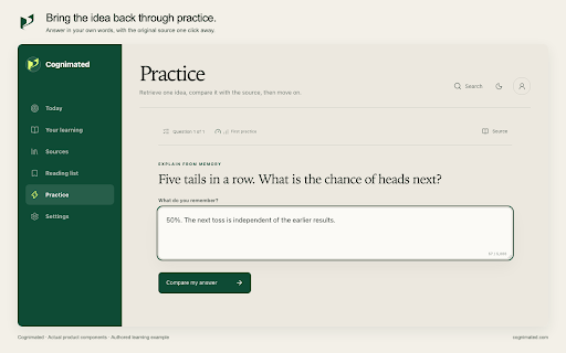 Cognimated :: Read with fewer distractions, explain selected text, save articles, and revisit useful ideas through practice.
