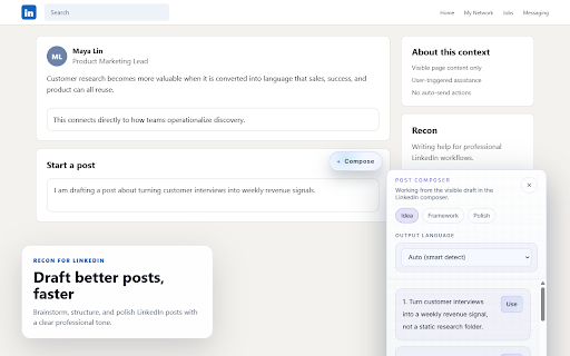 Recon - LinkedIn AI Writing Assistant :: Profile insights, replies, connection notes, and post drafting for LinkedIn. User-triggered only. No auto-send or automation.