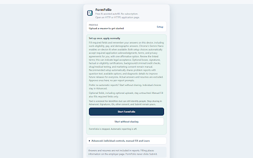 FormFolio - Free AI Job Form Autofill :: Free AI-assisted job autofill with Chrome's on-device Gemini Nano on supported computers. No subscription required.