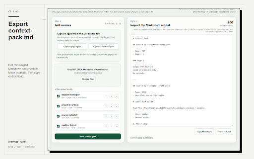 Context Pack — Files & Web to Markdown :: Convert web pages, selections, PDF, DOCX, Markdown, and text into one clean Markdown (.md) file — locally.