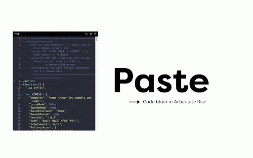 xAPI Snippet Generator for Articulate Rise - PRO :: Build, embed, and send xAPI statements to an LMS with an LRS or an external LRS using this Chrome extension. This is simple and a…
