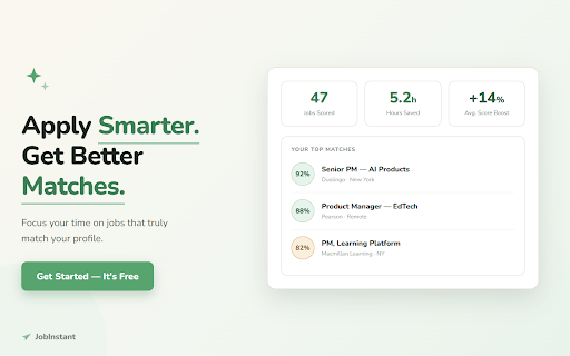 JobInstant - Resume Match Score & ATS Keyword Checker for Job Boards :: Resume match score & missing ATS keywords on every LinkedIn or Indeed job. Tailor your resume in one click. No account.
