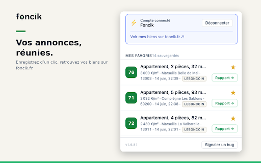 Foncik — Notation immobilier :: Notez les annonces immobilières : prix vs marché, DPE, risques, rentabilité, quartier. Sur 6 portails français, sans compte.