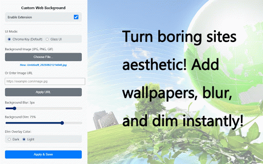 Custom Web Background :: Tired of boring plain pages? This extension lets you add your own background image behind every website you visit.