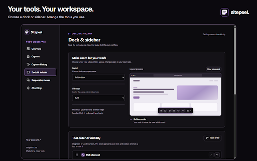 Sitepeel :: Inspect sites, export code and Design MD, capture pages, and compare responsive layouts with 13 tools.