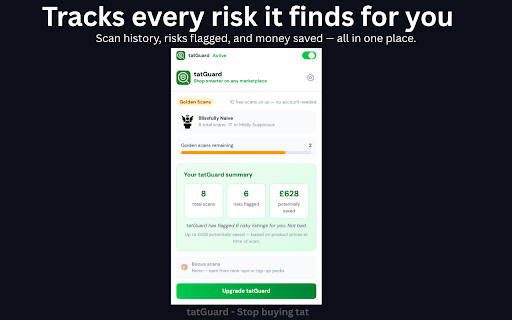tatGuard — Online Fake & Scam Protection :: AI-powered counterfeit and scam detector for online shopping. Instant risk scores for any product, on any marketplace.