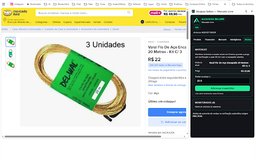 Alcajuza Sellers — Mercado Livre :: Analise anúncios do Mercado Livre: custos, margem, visitas e scores — no painel lateral do Chrome.