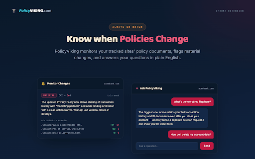 PolicyViking :: Your 24/7 privacy advisor — plain-English risk score for any site, plus a personalized opt-out checklist for each.