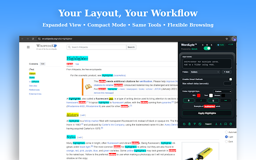 WordLyte - The Web Text Multi-Tool :: Highlight, bookmark, and organize words with folders, page filters, A/B compare, smart refresh, and clipboard history.
