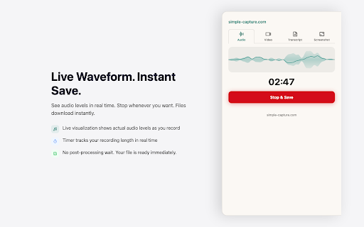 Simple Capture :: Capture audio, video, screenshots, and transcripts from any browser tab. Local-first, no account required.