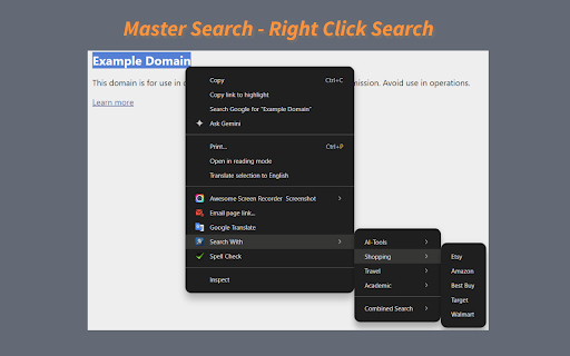 Master Search - Right Click Search :: Select any text, right-click, and instantly search across 50+ engines — including general search, shopping, AI tools, and more.